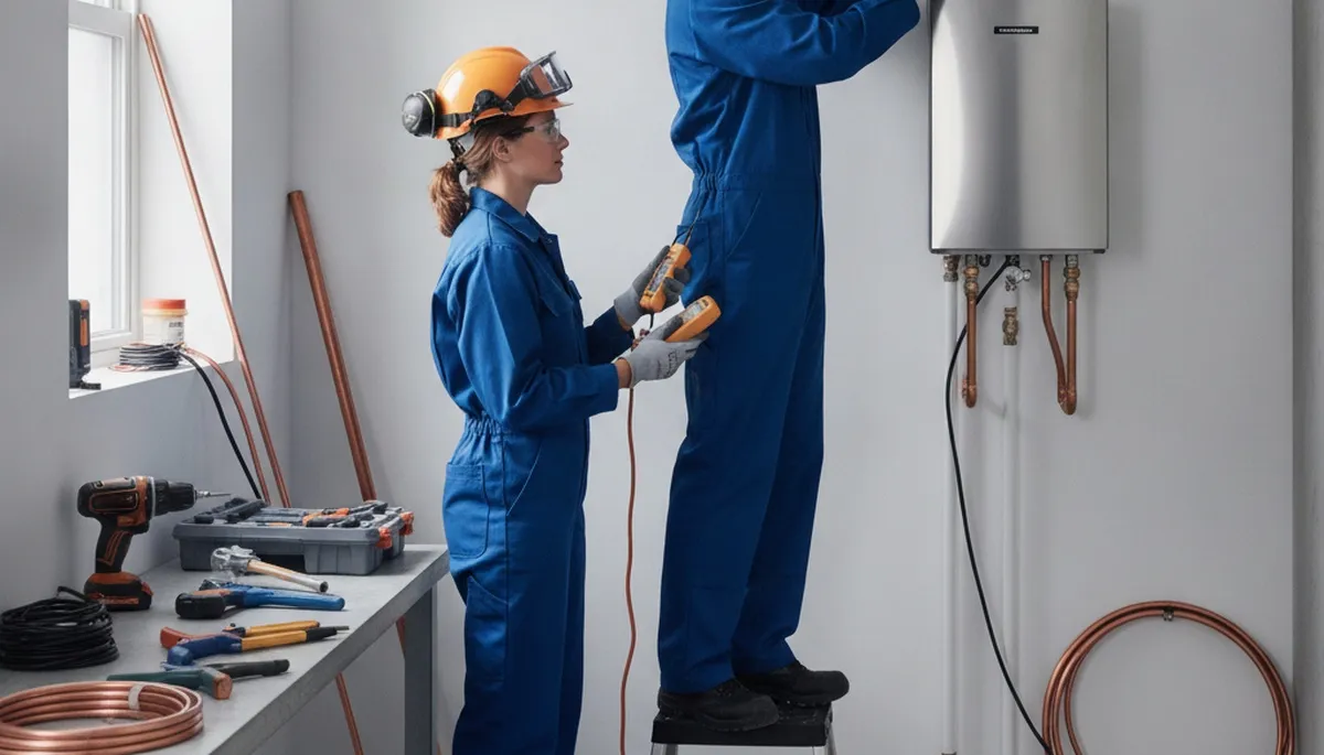 Kenosha, WI plumber installing a tankless water heater for reliable on-demand hot water