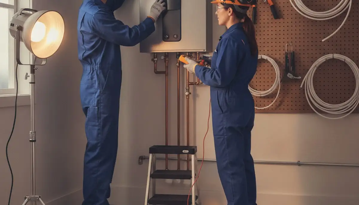 Kenosha, WI plumber installing a tankless water heater for efficient on-demand hot water
